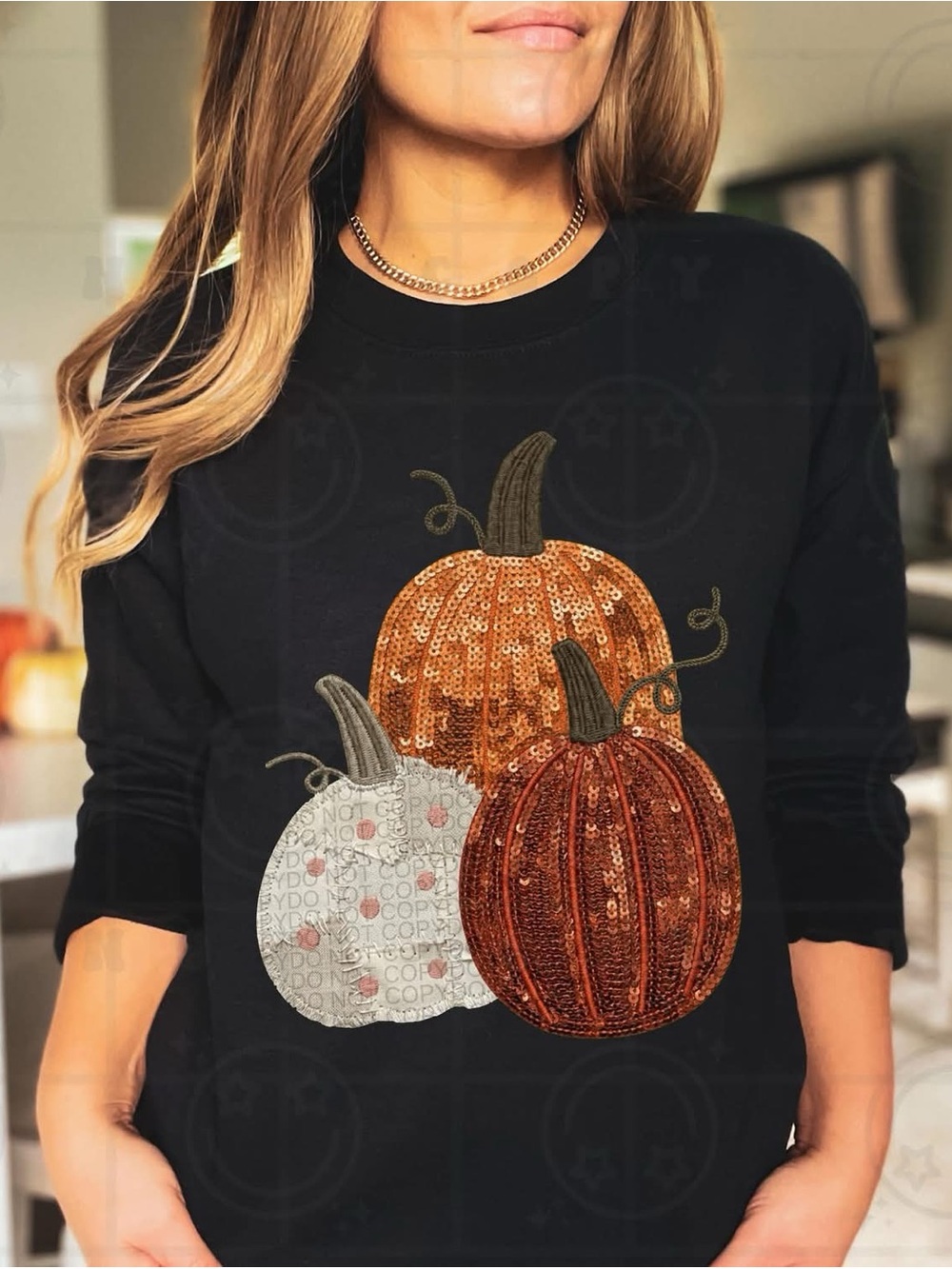 Faux Sequin Pumpkin Trio Sweatshirt - Black XS-3X